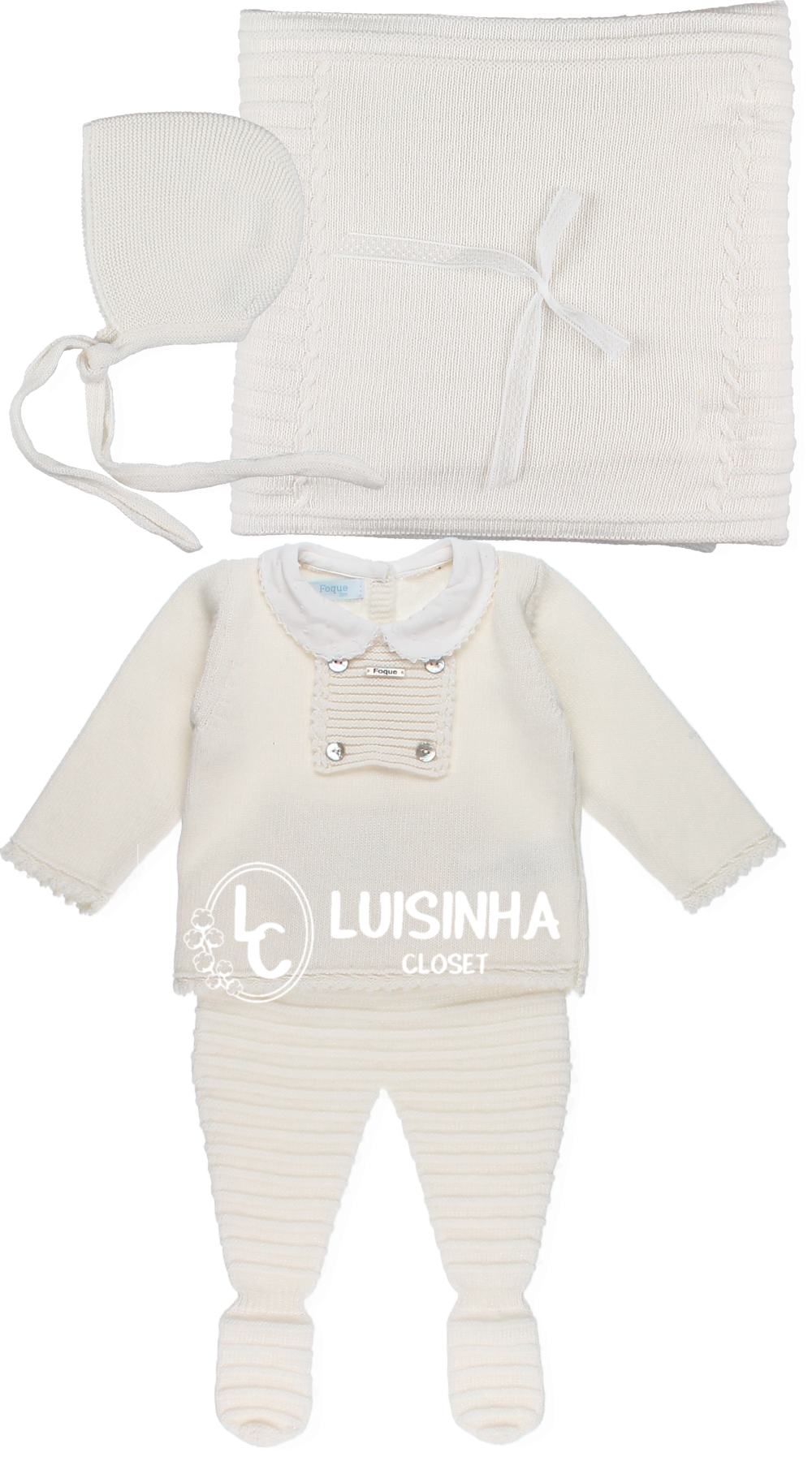 Conjunto tricot pérola para recém-nascida da marca Foque